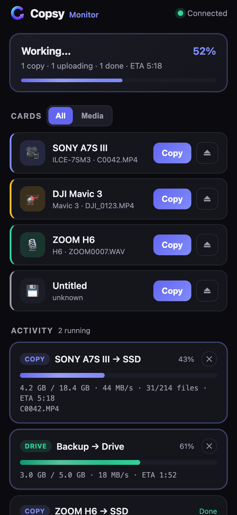 Copsy Monitor on iPhone showing a live card copy and a Google Drive upload
